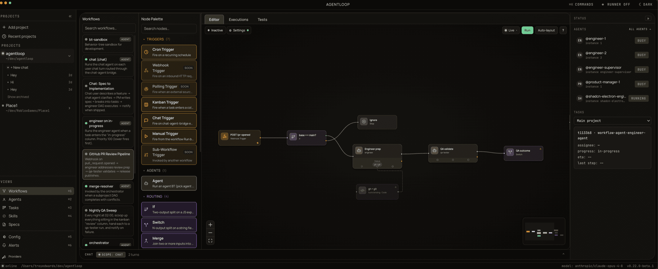 The AgentLoop Studio workflow editor — a GitHub PR review pipeline on the canvas